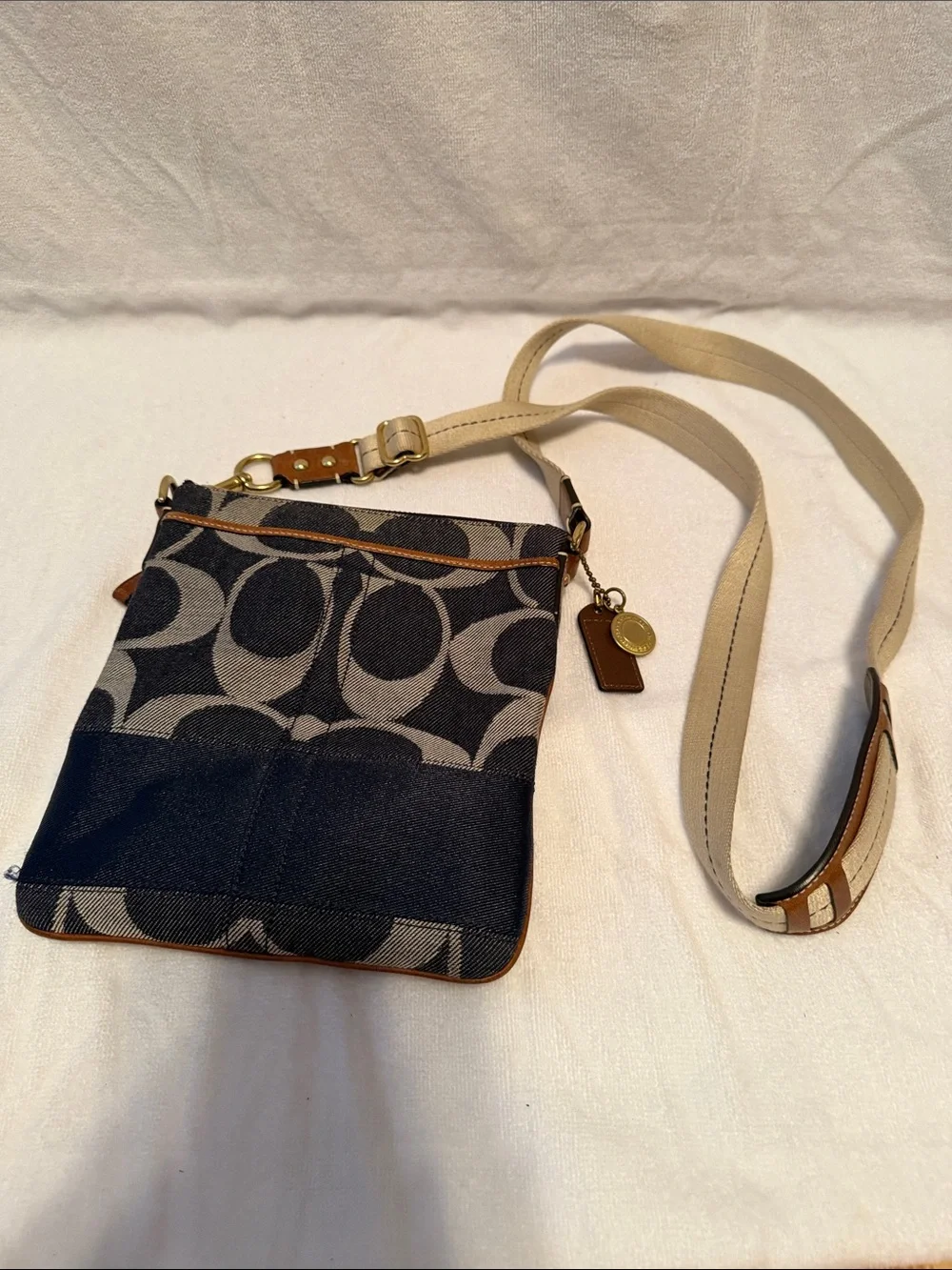 Coach Brown and Tan Signature Crossbody with Cream Strap & Denim Accents